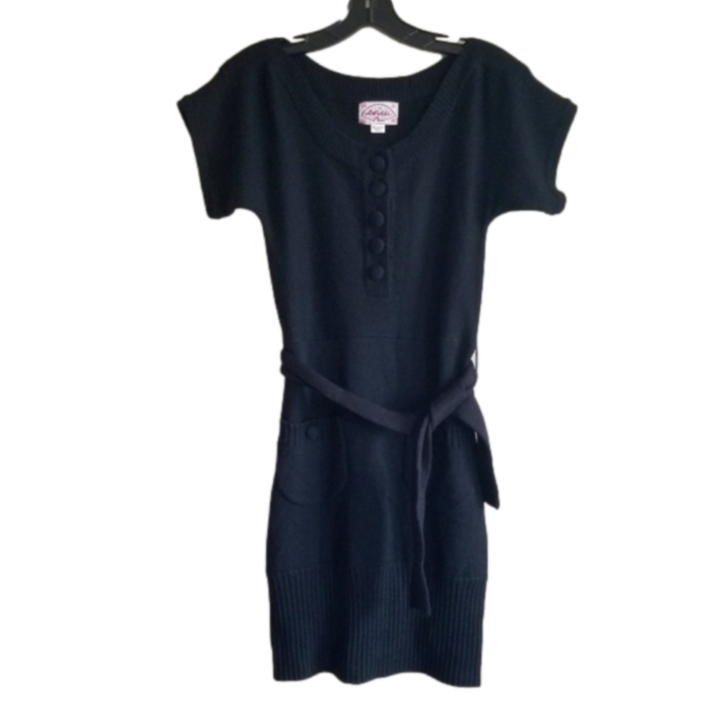 Evisu Pure Wool Black Mini Short Sleeve Dress Belt Tie Waist Size XS